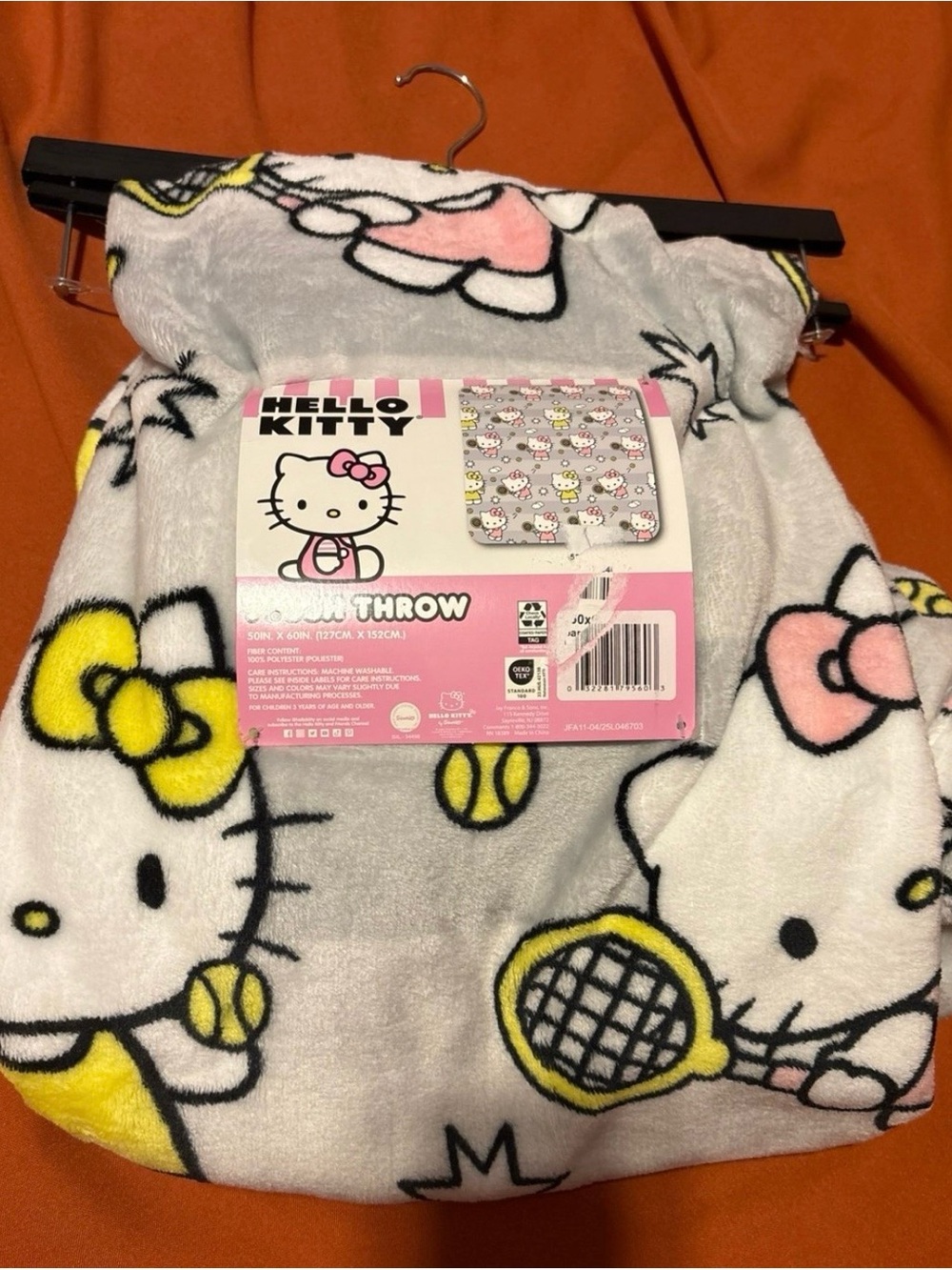 Hello Kitty Gray Plush Throw Blanket with Pink and Yellow Accents